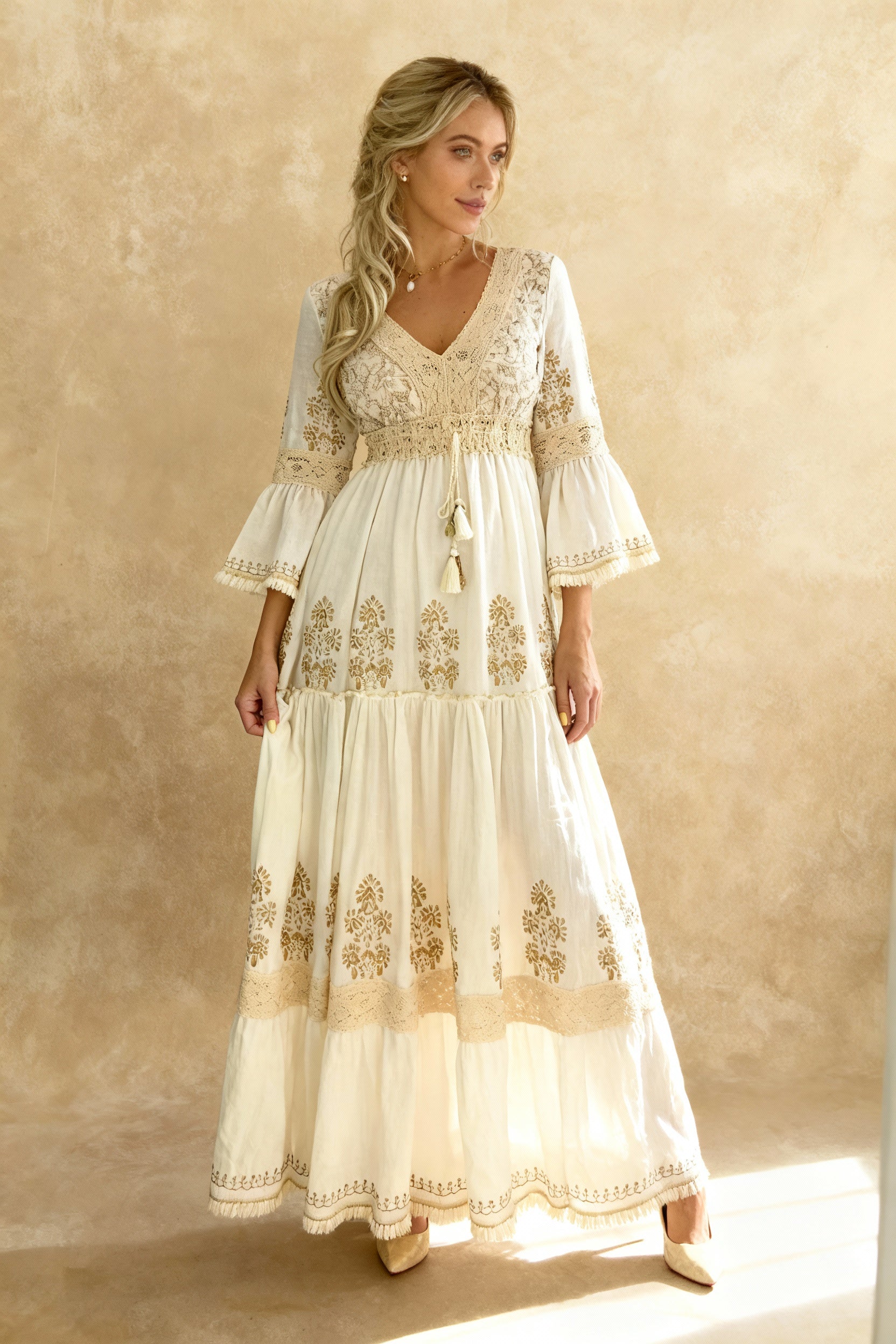 White FlareSleeve Ethnic Boho Dress