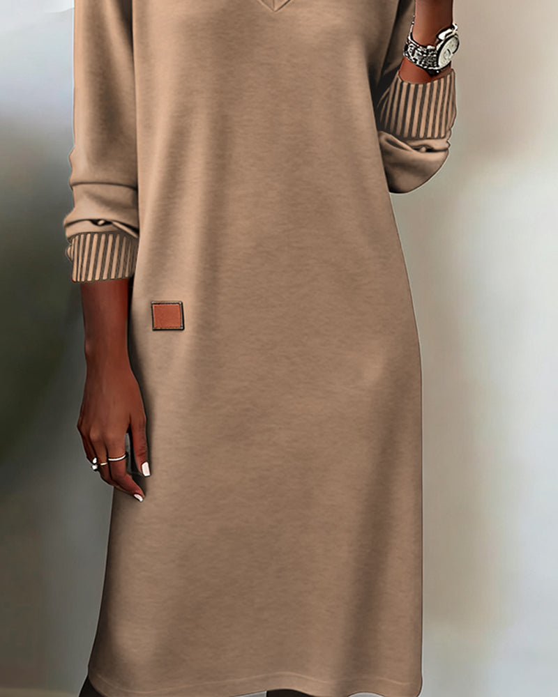 V-Neck Long Sleeve Ribbed Cuff Sweater Dress