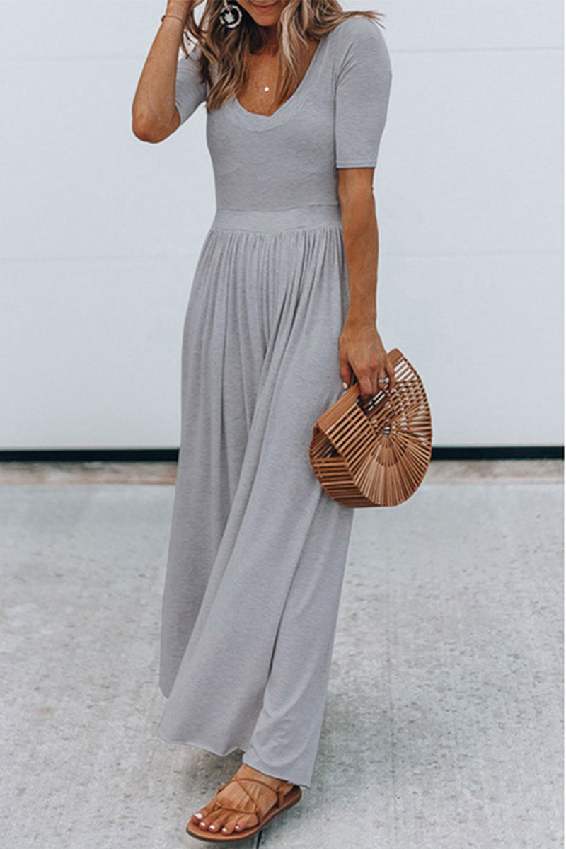 Round Neck Short Sleeve High Waist Long Jumpsuit