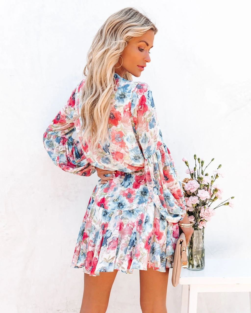 Floral Print Button Front Lantern Sleeve Drawstring Waist Ruffle Mini Dress 2