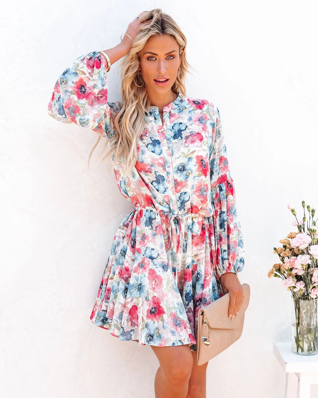 Floral Print Button Front Lantern Sleeve Drawstring Waist Ruffle Mini Dress 5