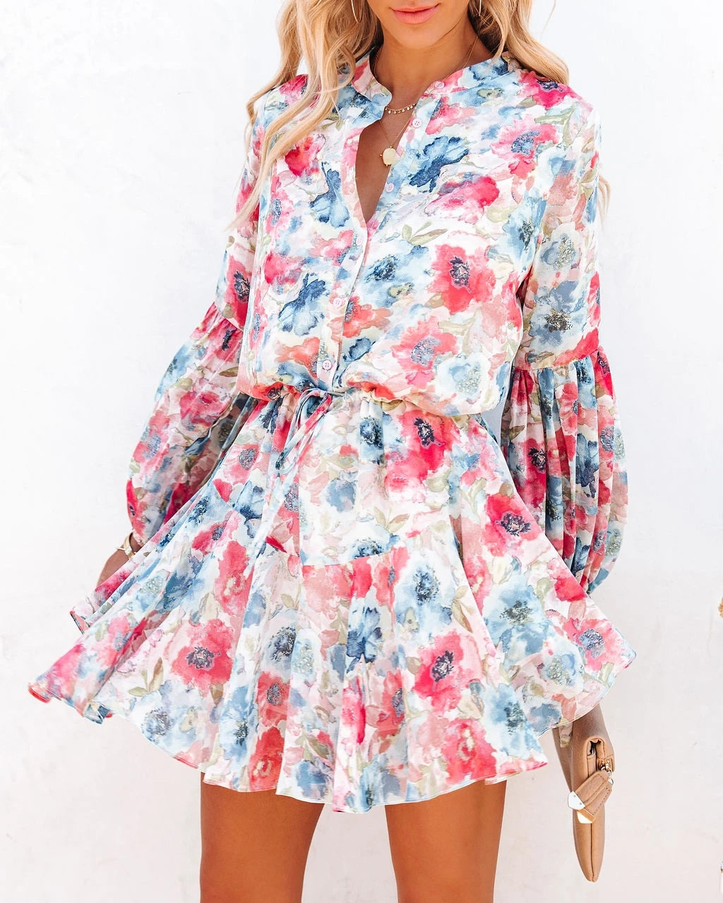 Floral Print Button Front Lantern Sleeve Drawstring Waist Ruffle Mini Dress 11