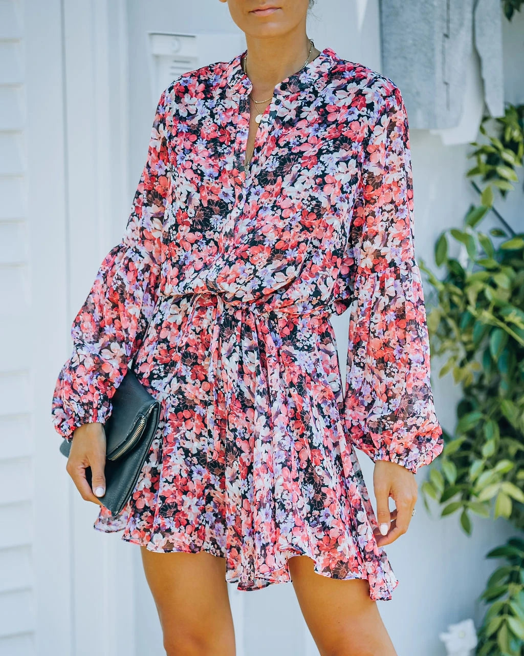 Floral Print Button Front Lantern Sleeve Drawstring Waist Ruffle Mini Dress 13