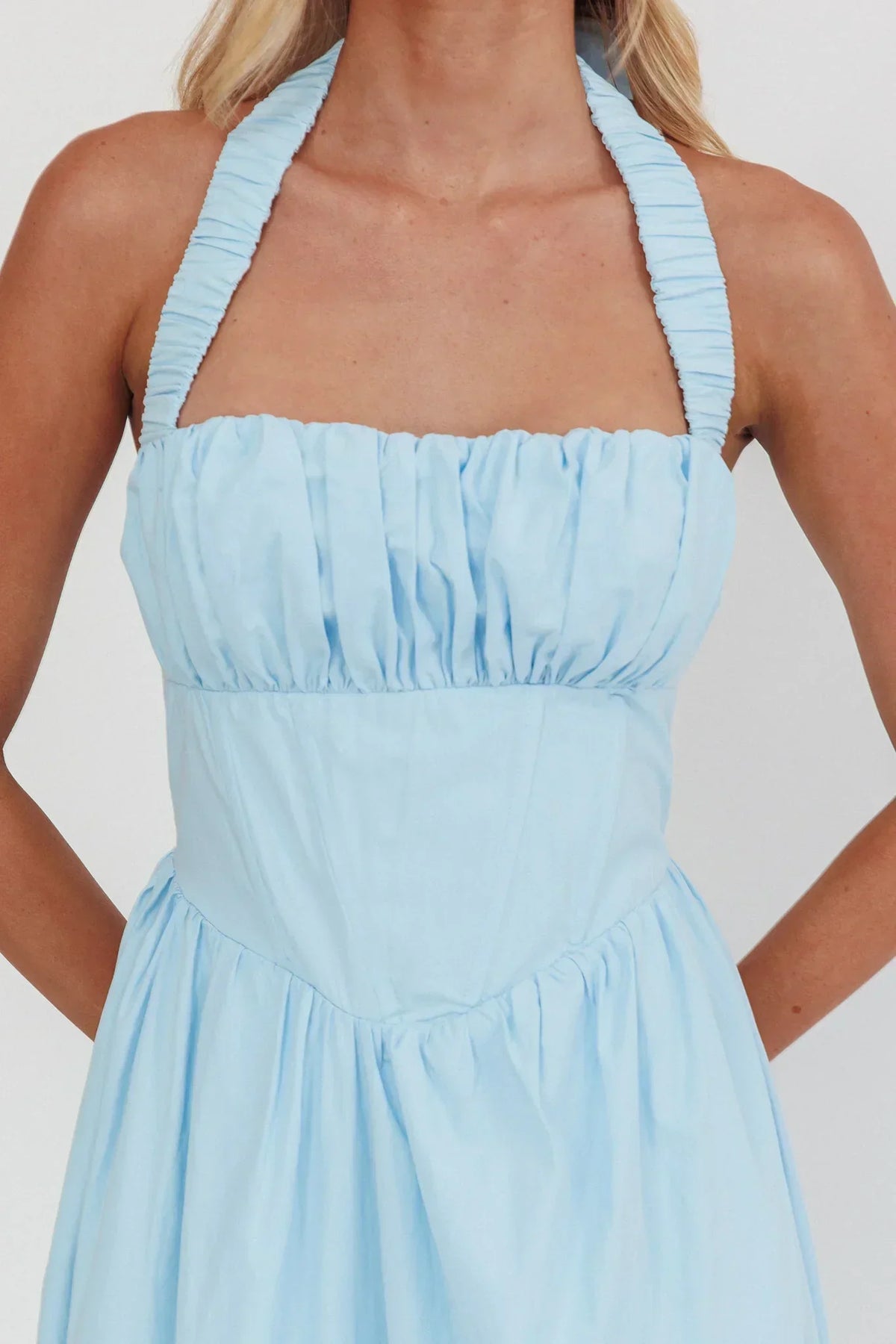 Ruched Bust Halter Neck Corset Waist A-Line Maxi Dress 4