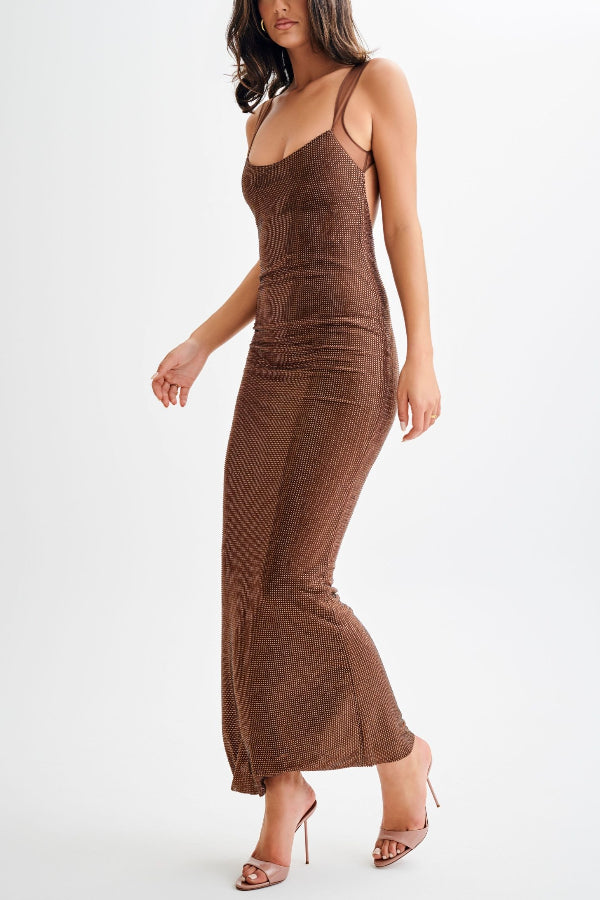 Purple Chic Midnight Fantasy Stretch Sequin Mesh Strap Open Back Maxi Dress Boutique Edit