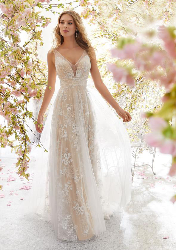 Lace Floral Deep V-Neck Sleeveless Beaded Waist Cape Train A-Line Wedding Gown