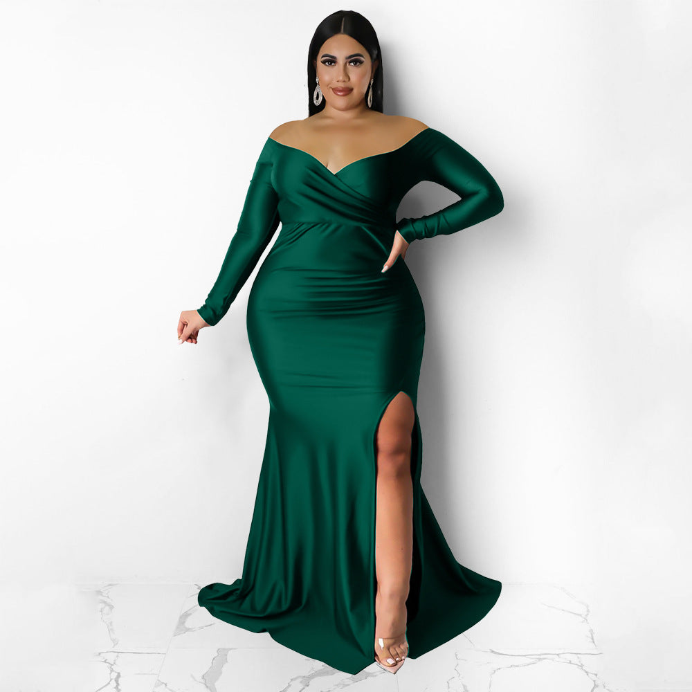 Plus Size Women Clothes Attractive Dress Nightclub V neck Formal Dress Solid Color Split Maxi Dress Autumn Winter Women