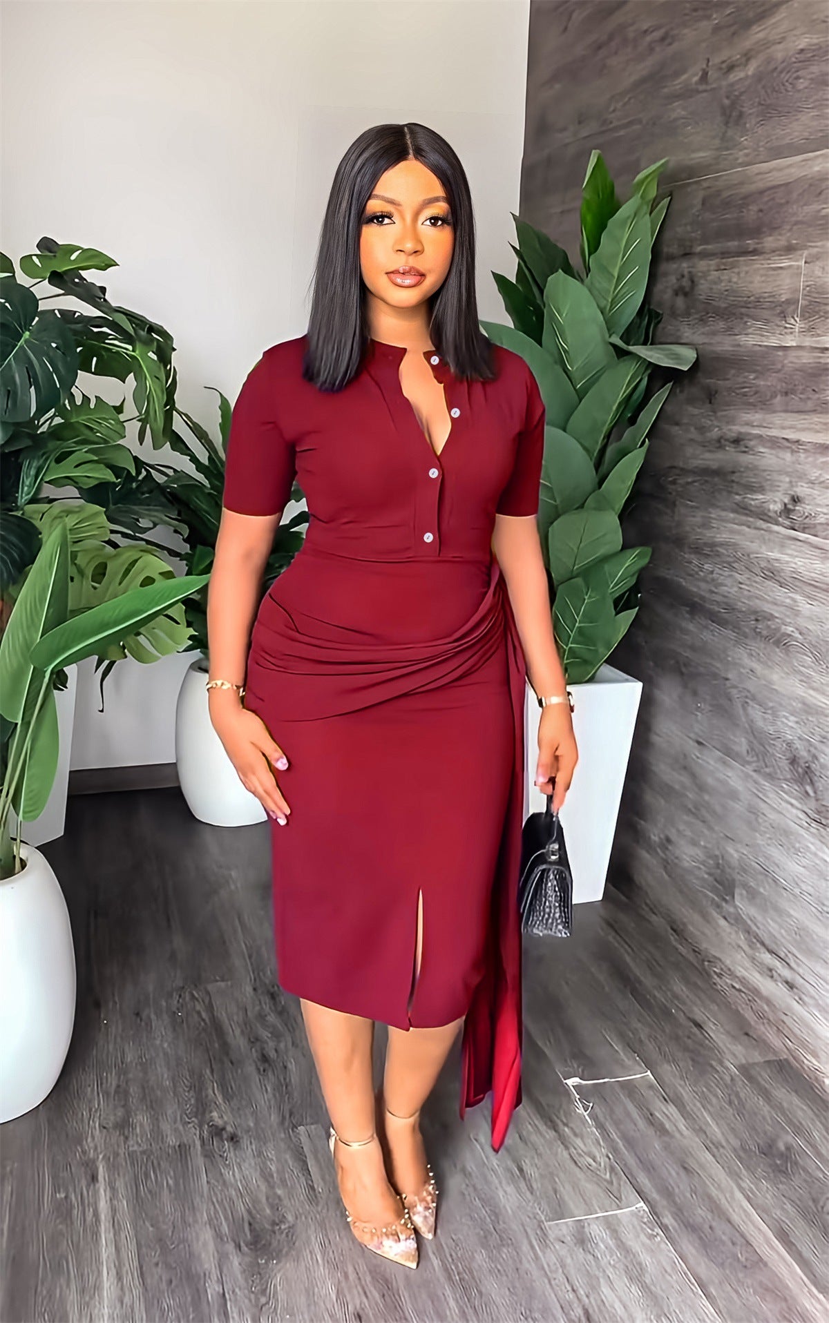 Short Sleeve Solid Color Waisted Slim Fit Package Hip Mid Length Women Dress