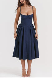 Square Neck Cap Sleeve Fit and Flare Midi Dress 24