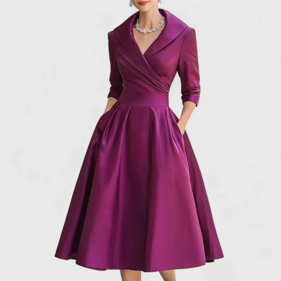 Satin Shawl Collar Wrap Fit and Flare Midi Dress