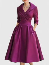 Satin Collared Long Sleeve Fit and Flare Midi Dress 8