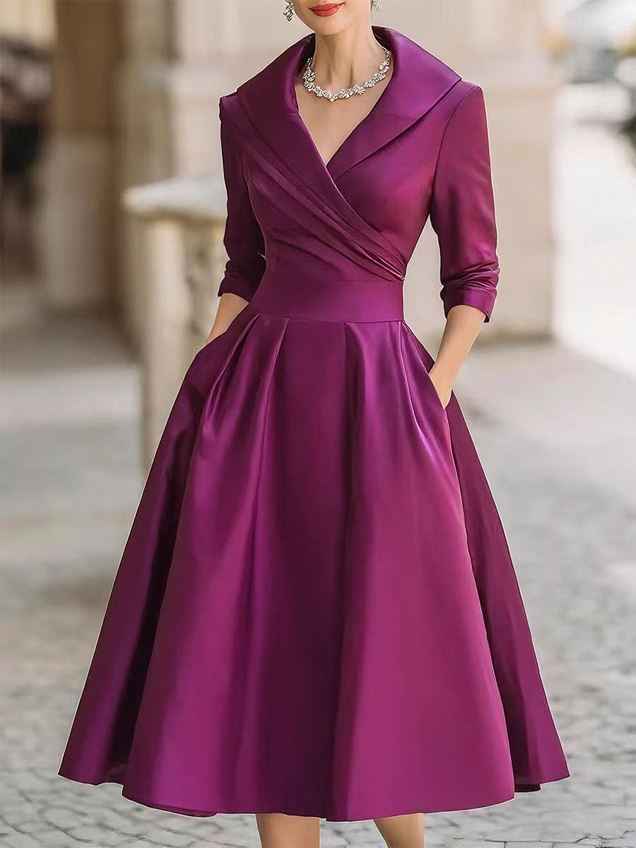 Satin Shawl Collar Wrap Ruched Fit and Flare Midi Dress Cocktail 8
