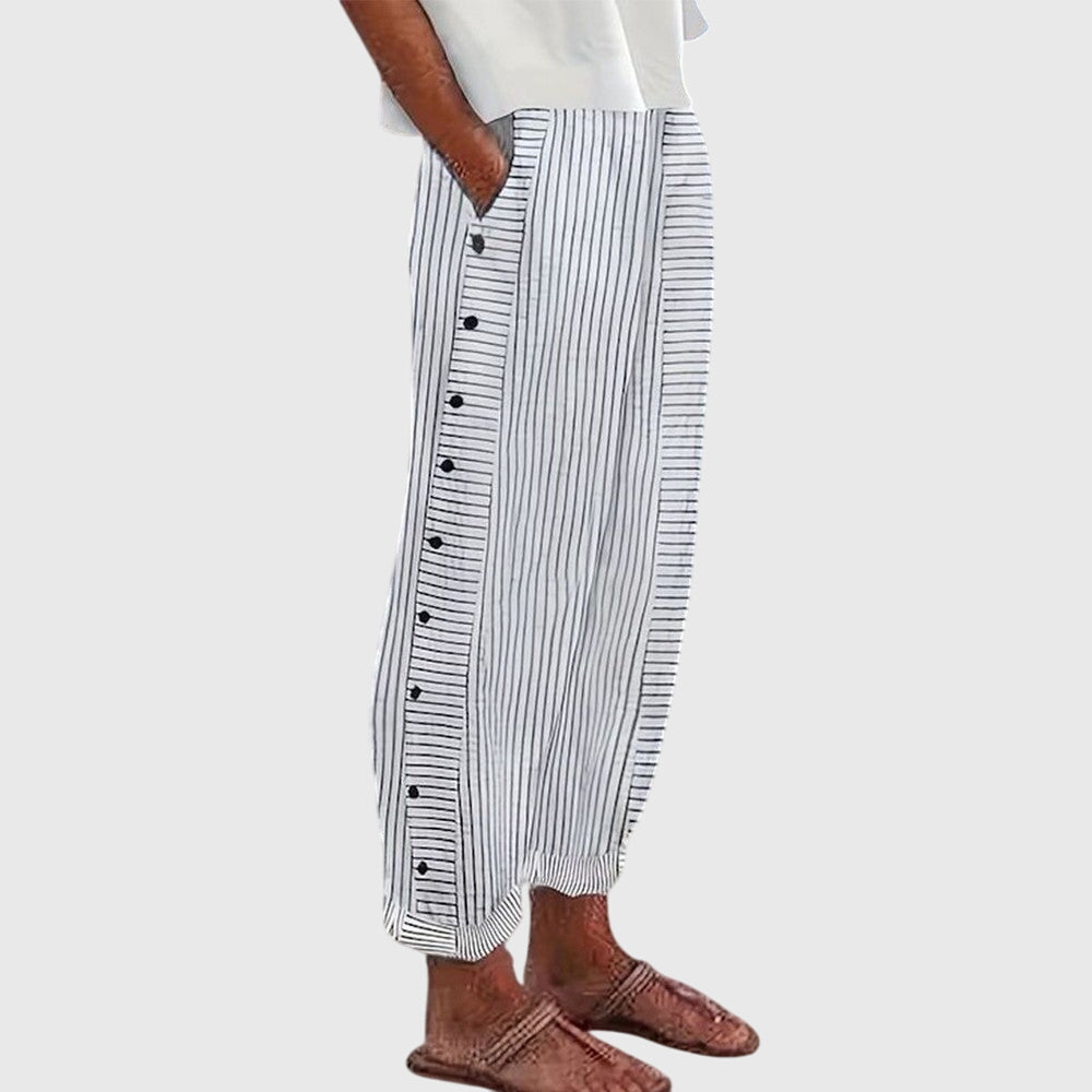 High Waist Striped Side Button Wide Leg Pants