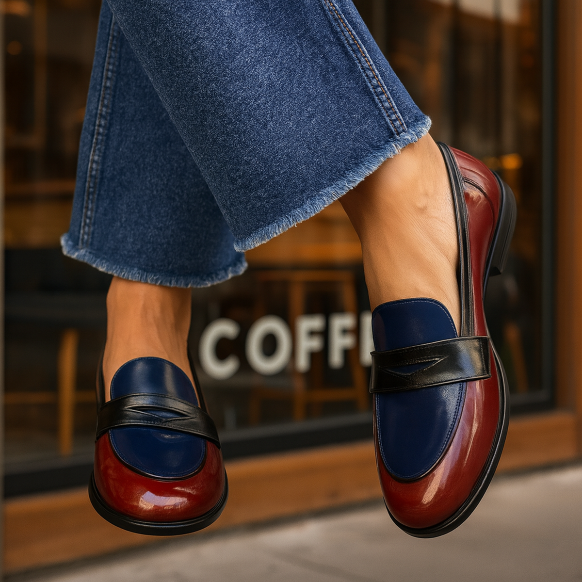 Two Tone Patent Penny Strap Round Toe Loafers