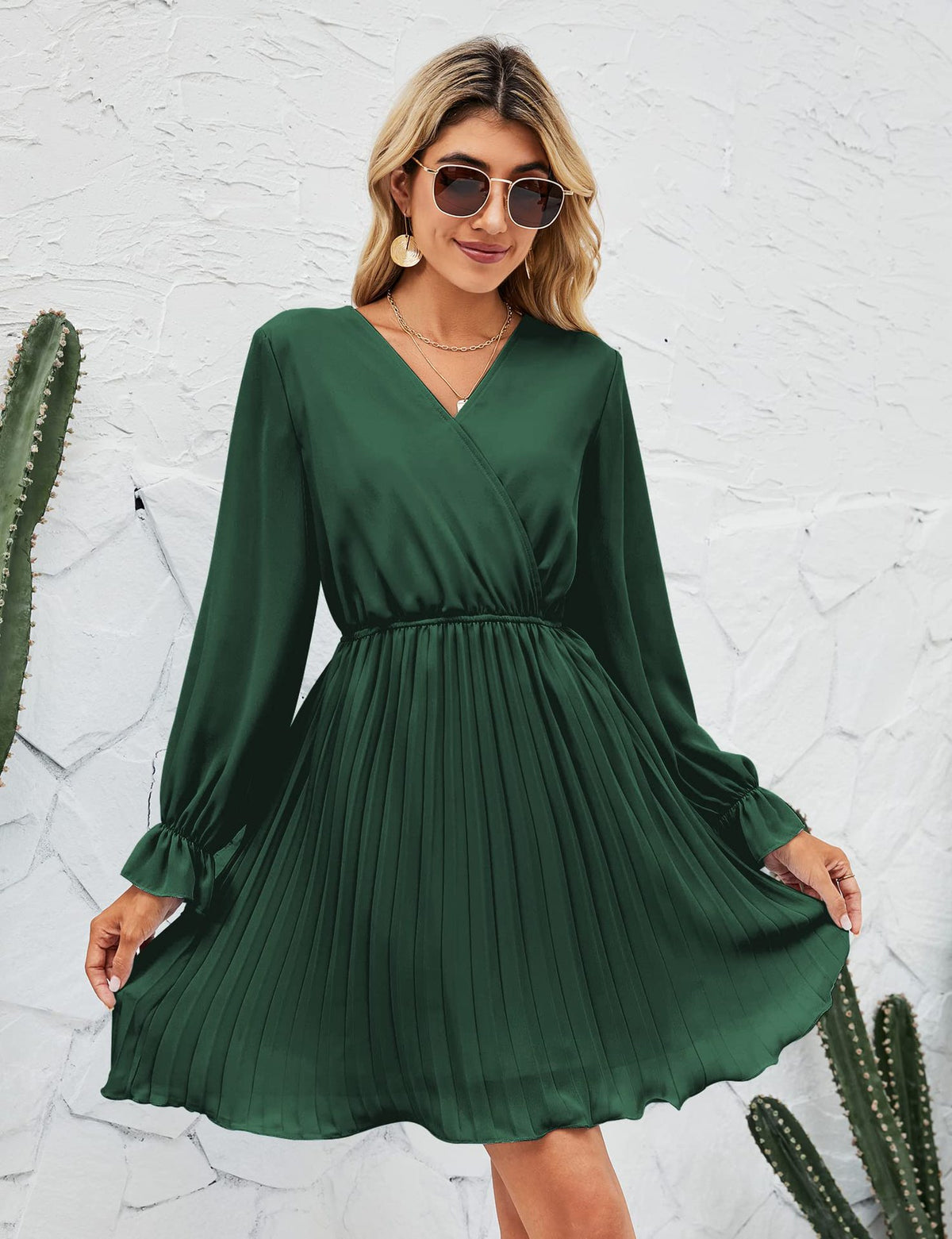 Pleated V-Neck Wrap Long Sleeve Ruffle Cuff Mini Dress