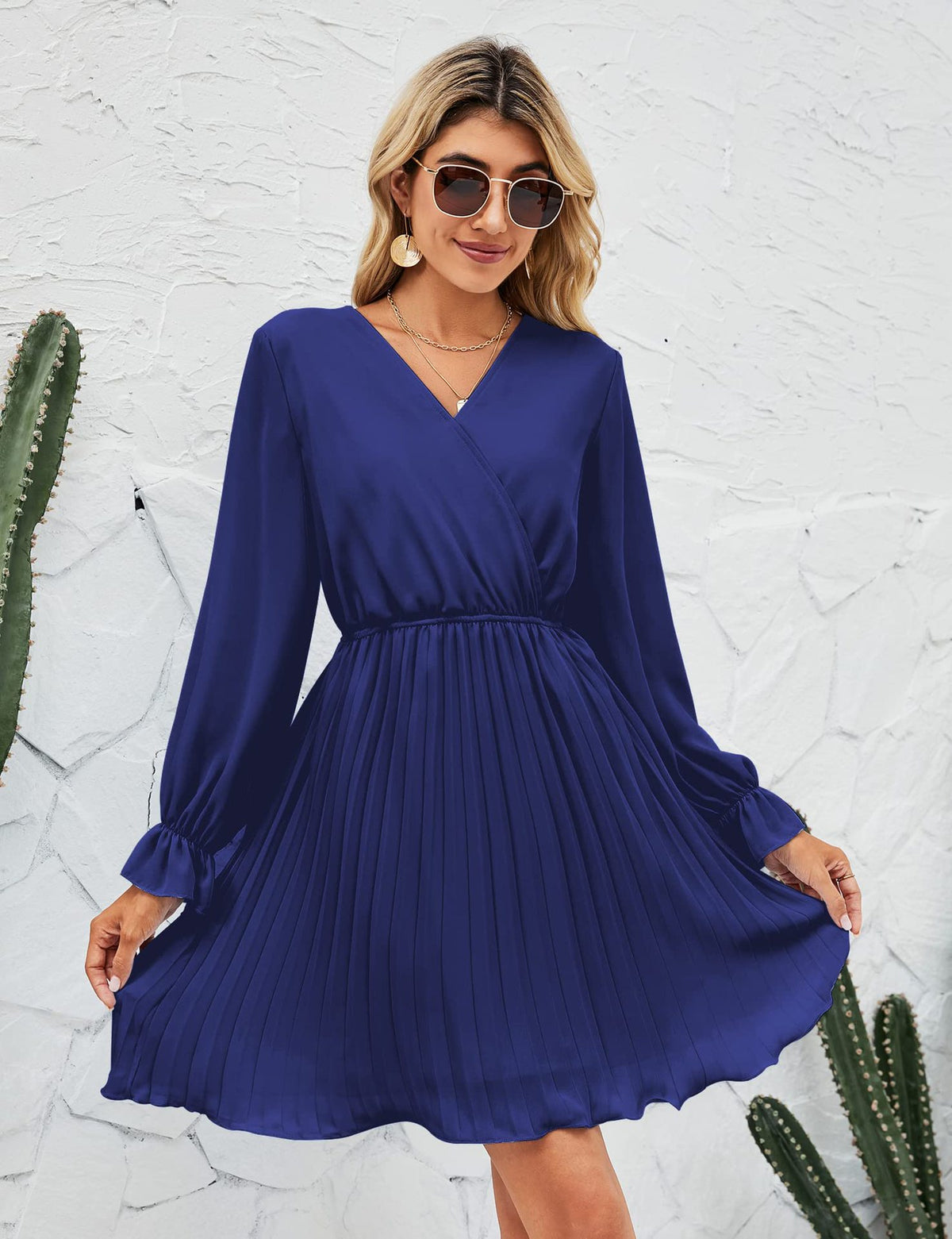 Pleated V-Neck Wrap Long Sleeve Ruffle Cuff Mini Dress 7