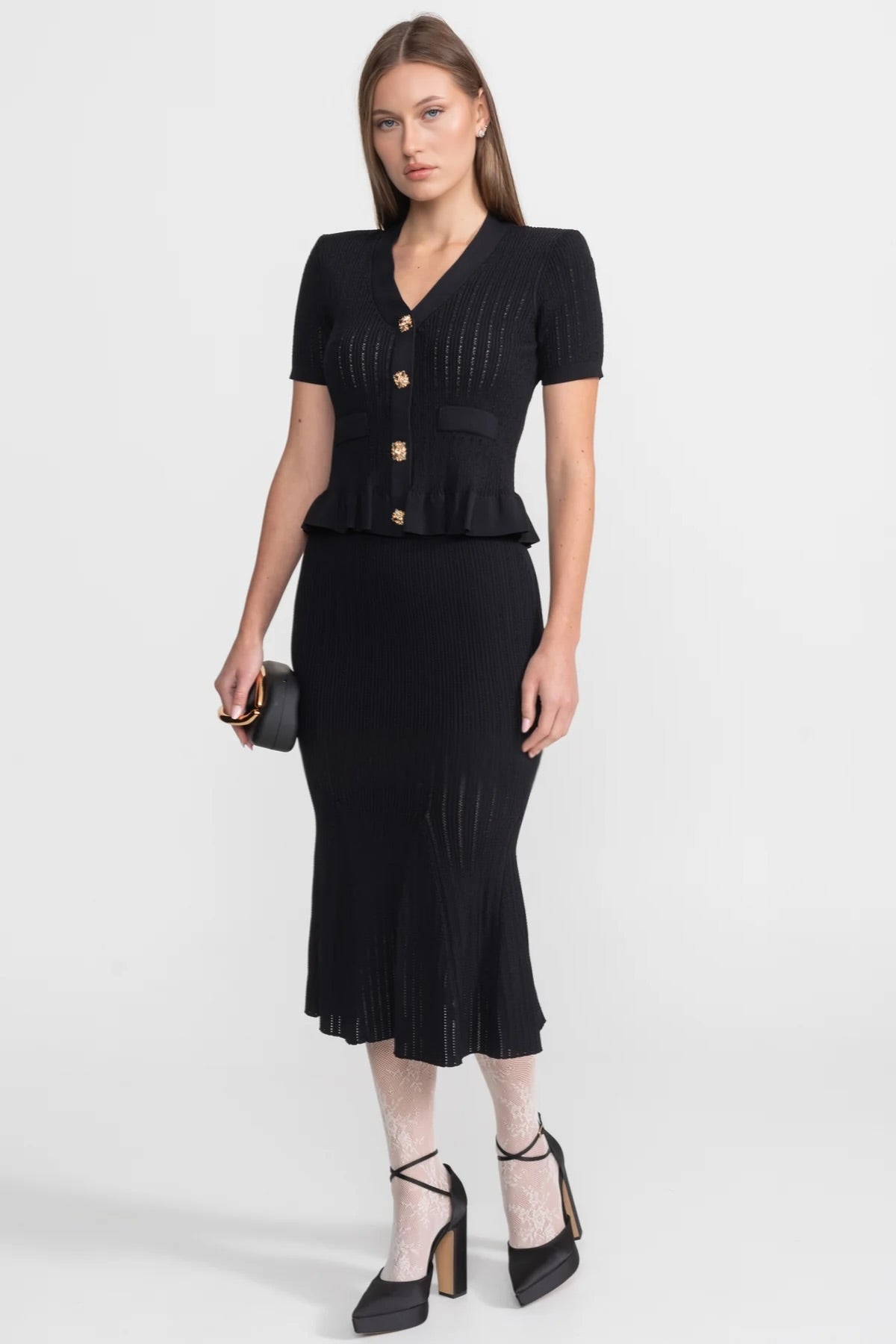 Pointelle Knit V-Neck Peplum Button Top and Flared Midi Skirt Two Piece Set 2