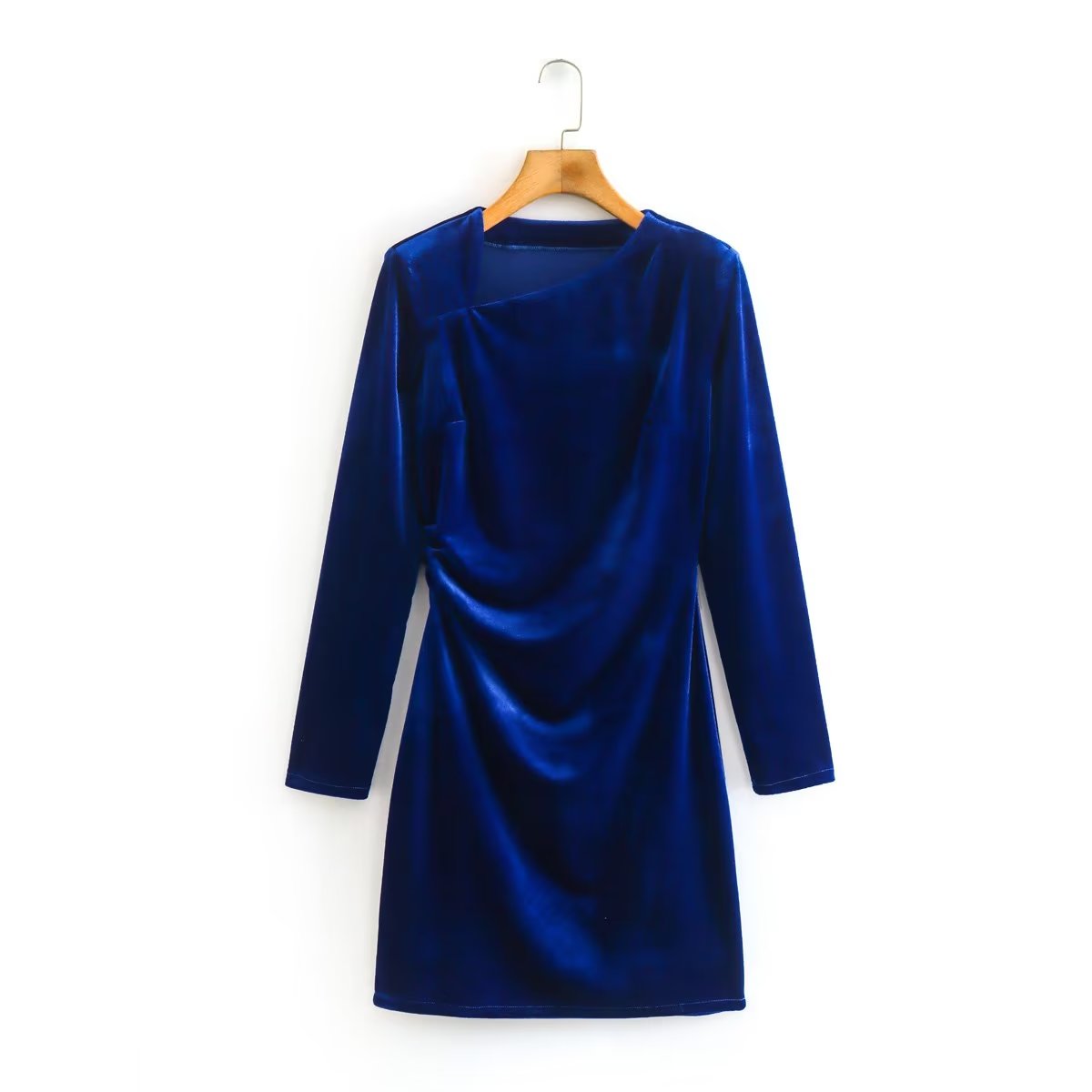 Velvet Asymmetric Neckline Padded Shoulder Long Sleeve Ruched Mini Dress 2