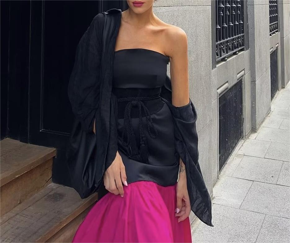 Autumn Winter Patchwork Maxi Dress Tube Top Contrast Color Maxi Dress