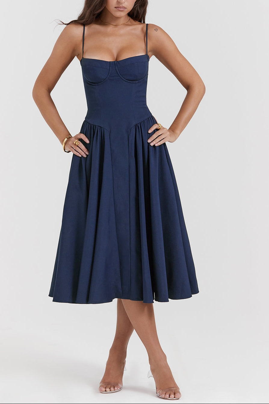 Square Neck Cap Sleeve Fit and Flare Midi Dress 25