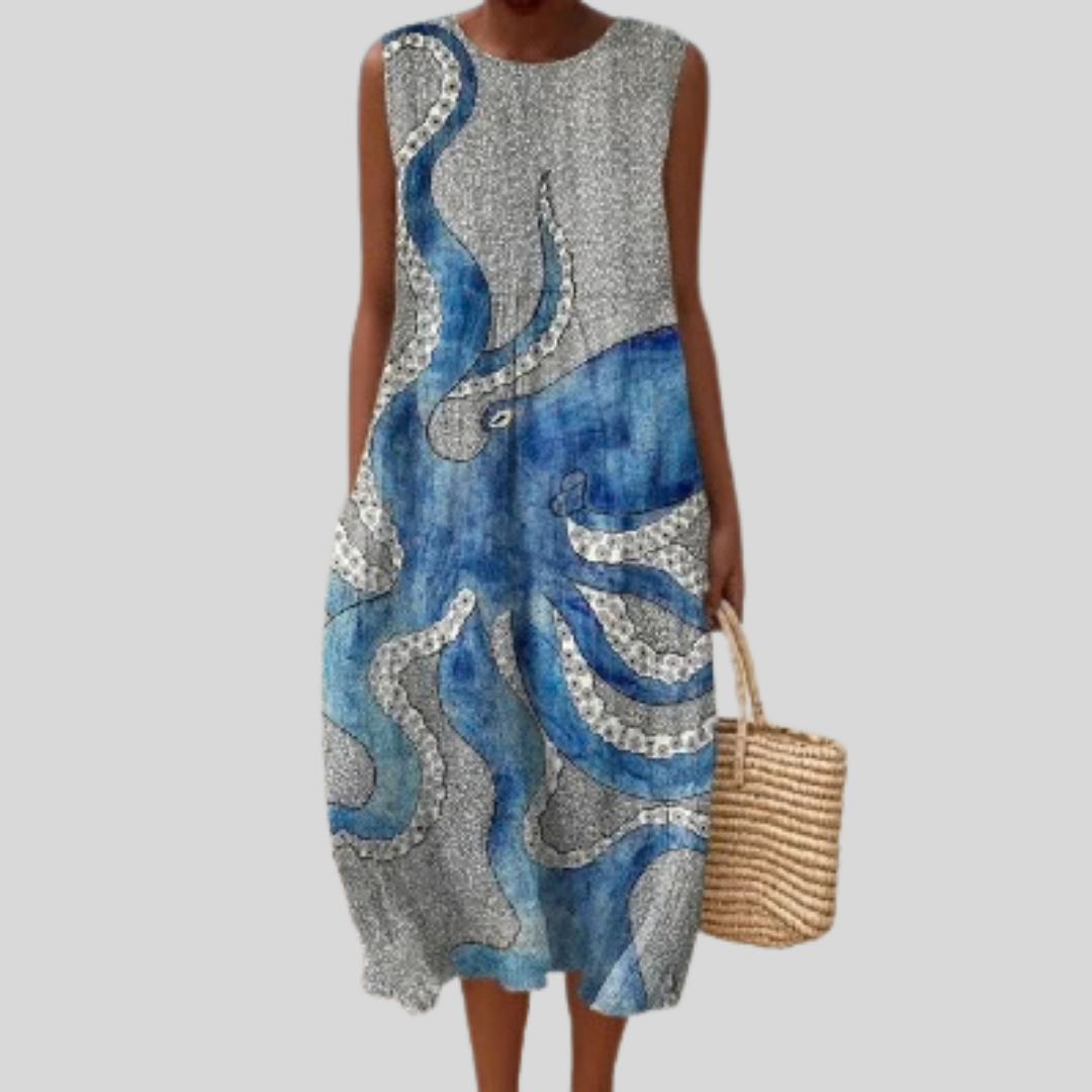Octopus Print Round Neck Sleeveless Midi Dress