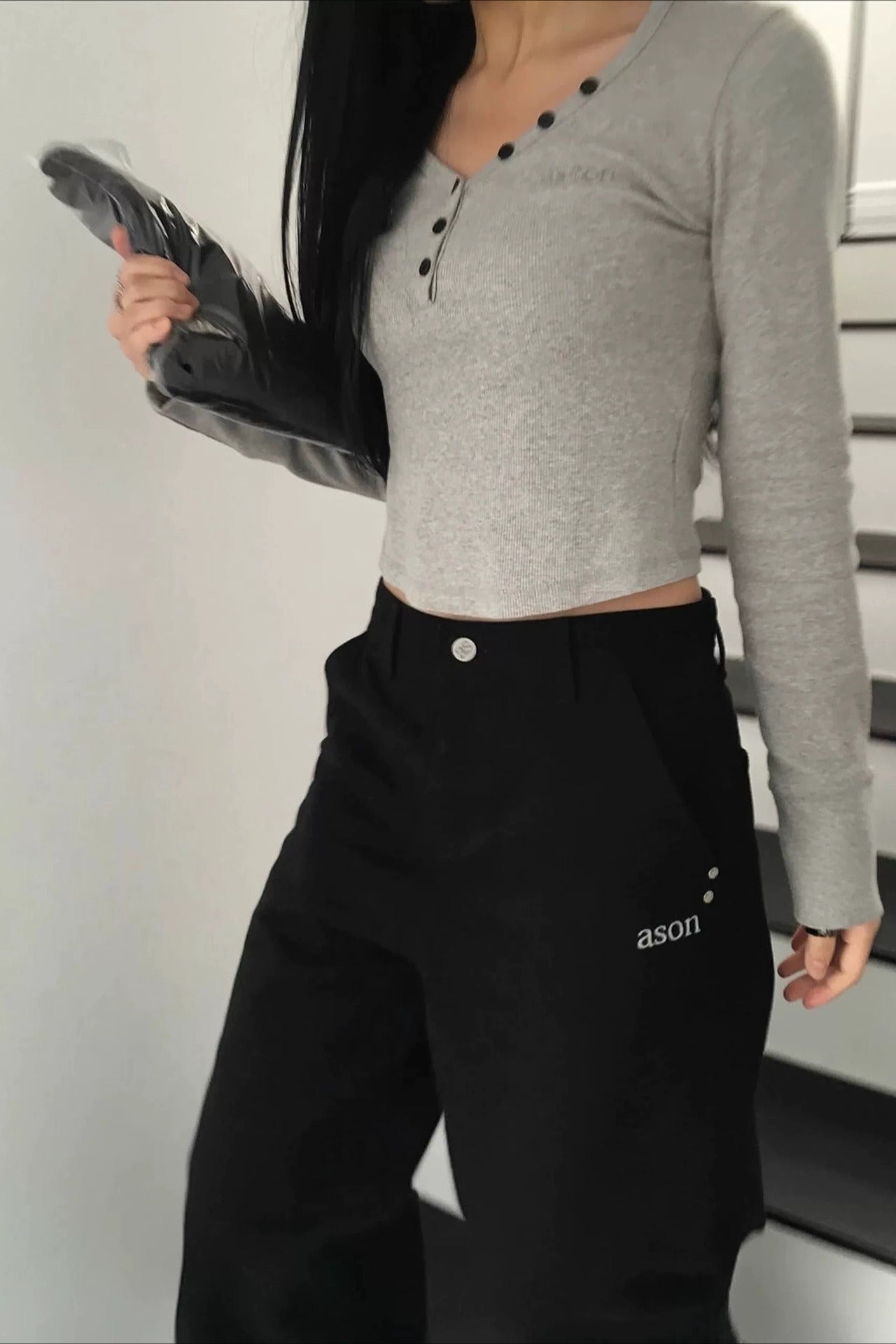 High Waist Embroidered Letter Pocket Loose Straight Jeans