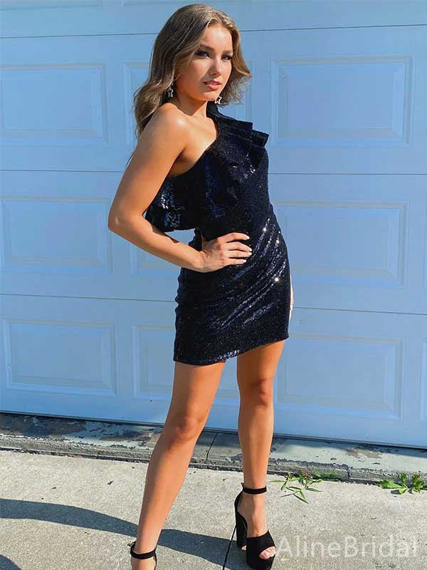 Sequin One Shoulder Ruffle Trim Bodycon Mini Homecoming Dress 2