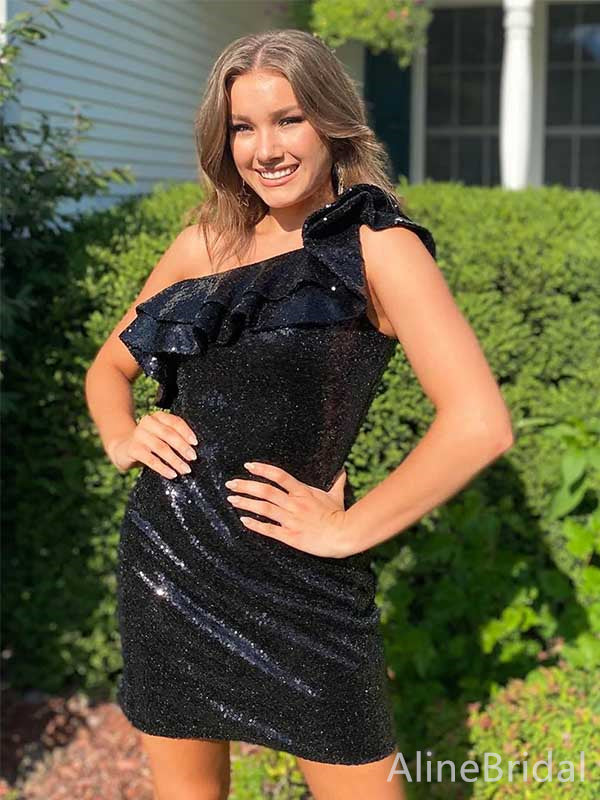 Sequin One Shoulder Ruffle Trim Bodycon Mini Homecoming Dress
