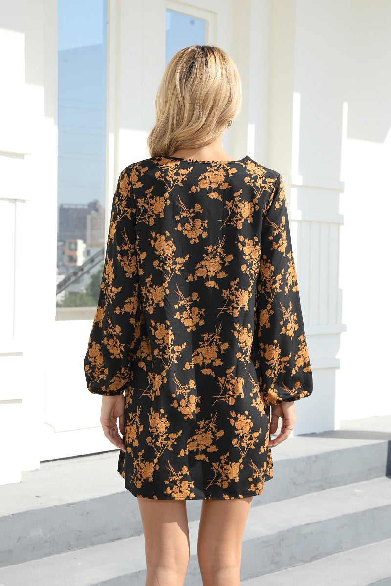 Floral Print Strappy V-Neck Lantern Sleeve Shift Mini Dress 2