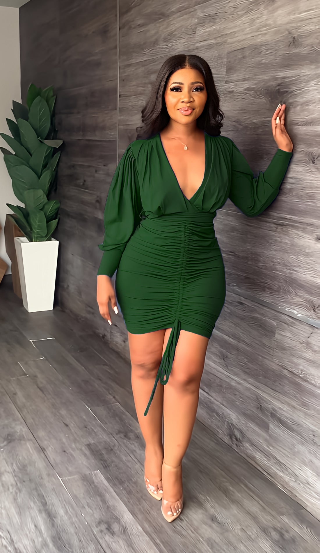 Deep V-Neck Puff Long Sleeve Ruched Drawstring Front Bodycon Mini Dress 2
