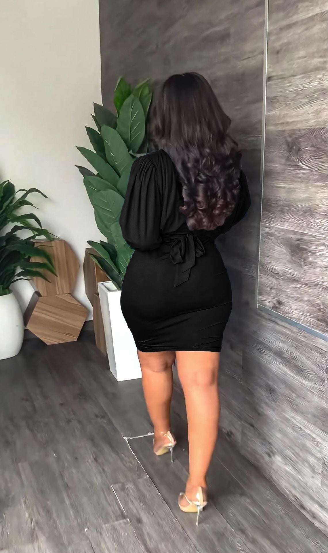 Deep V-Neck Puff Long Sleeve Ruched Drawstring Front Bodycon Mini Dress 5