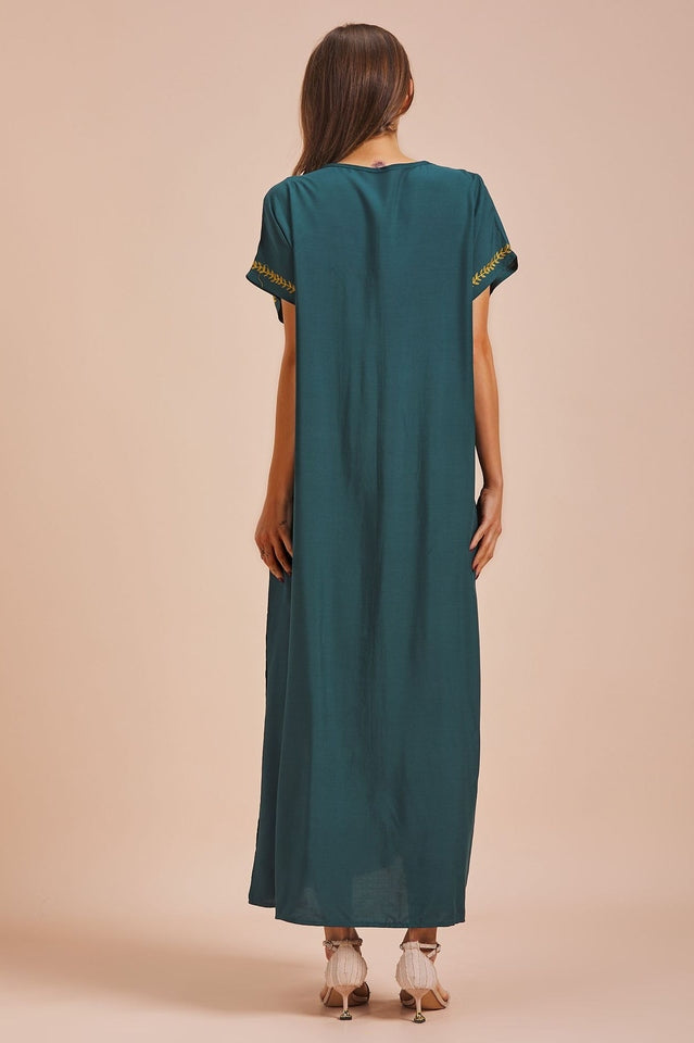 Embroidered V-Neck Short Sleeve Kaftan Maxi Dress 19