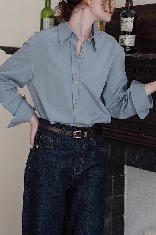 Collared Button Front Wide Cuff Long Sleeve Shirt