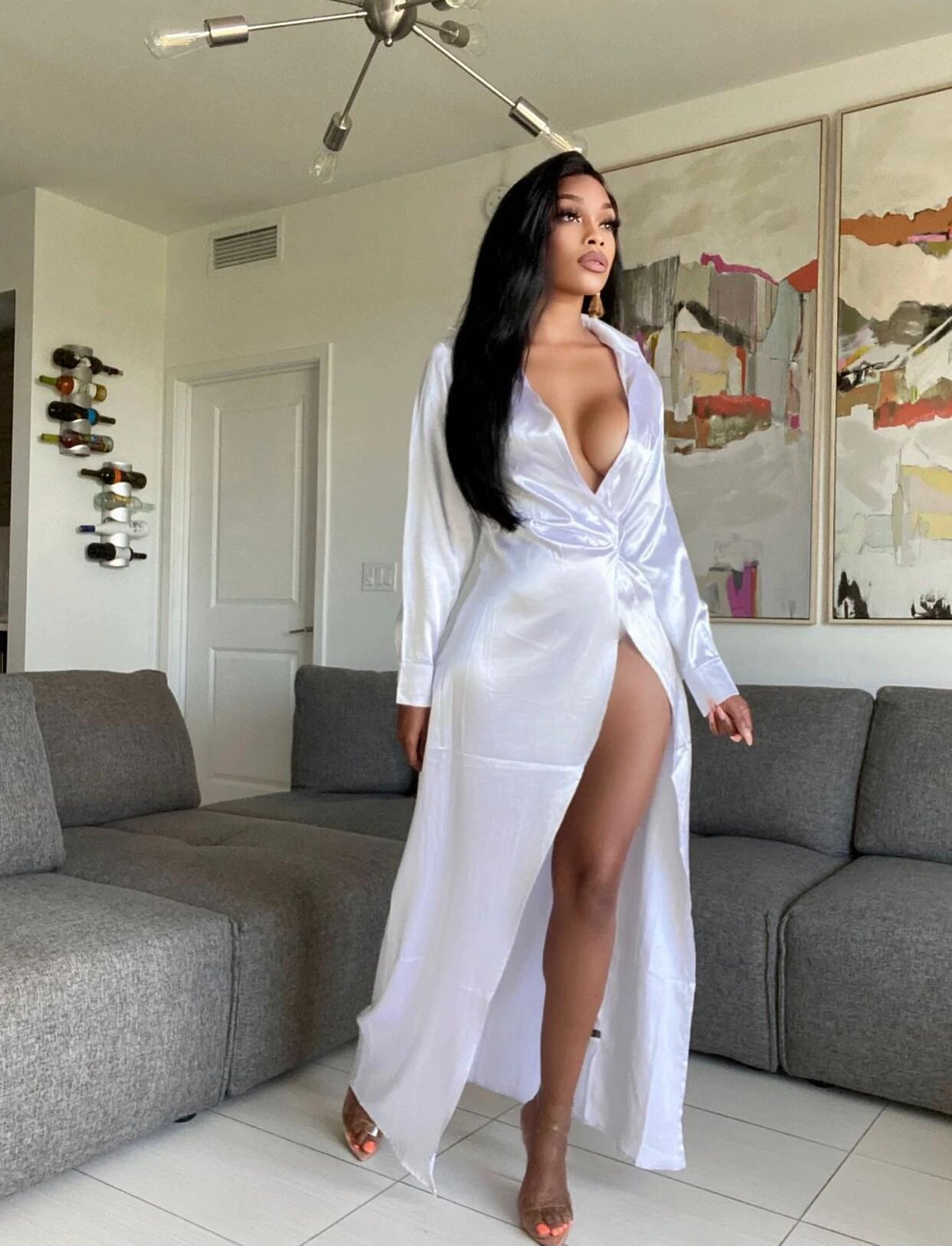 Satin Collared Plunging Long Sleeve Wrap Front High Split Maxi Shirt Dress