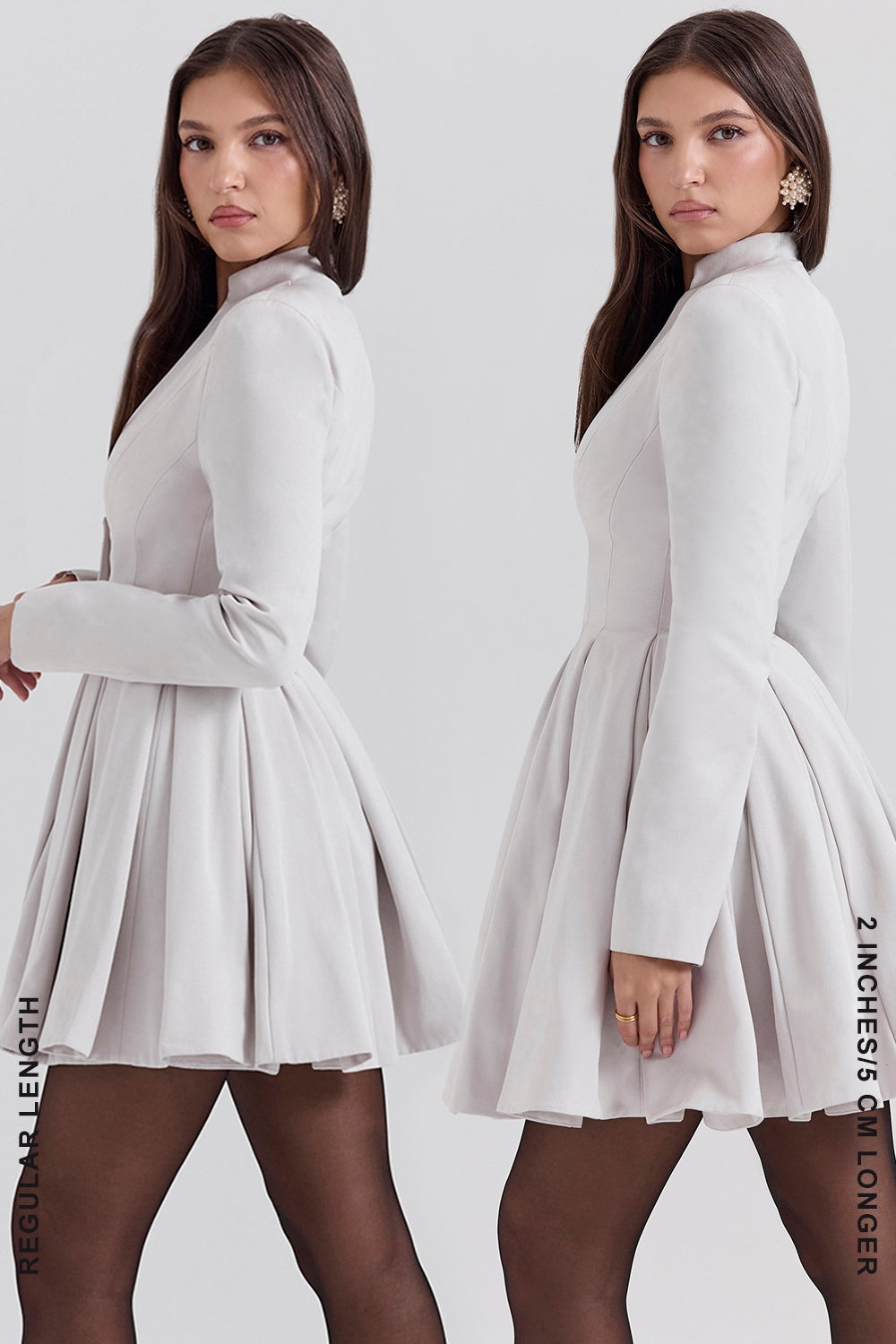 Stand Collar Plunge Long Sleeve Pleated Skater Mini Dress 10