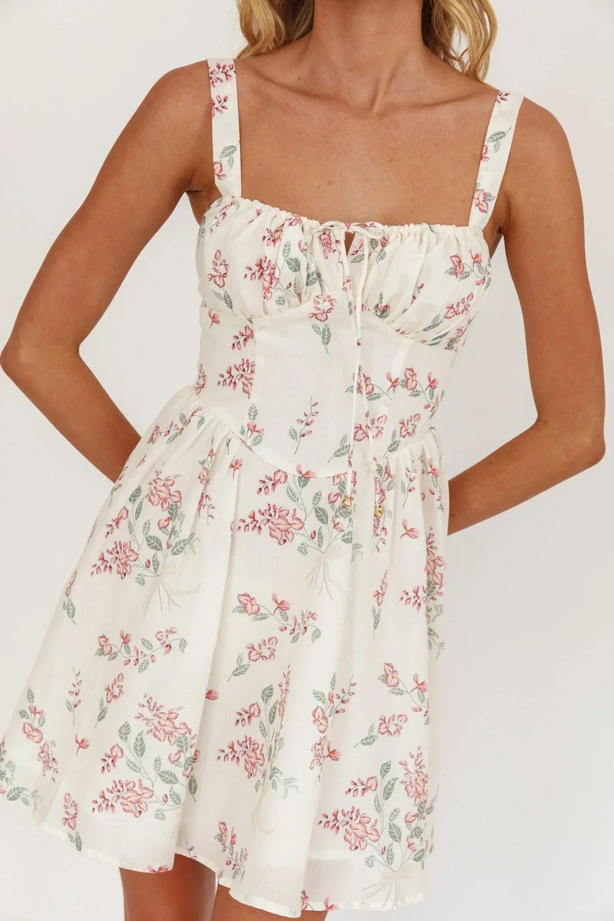 Floral Tie Bust Square Neck Bustier Fit and Flare Mini Dress 6