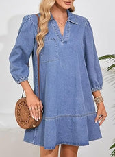 Denim V-Neck Puff Sleeve Pocket A-Line Mini Dress 7