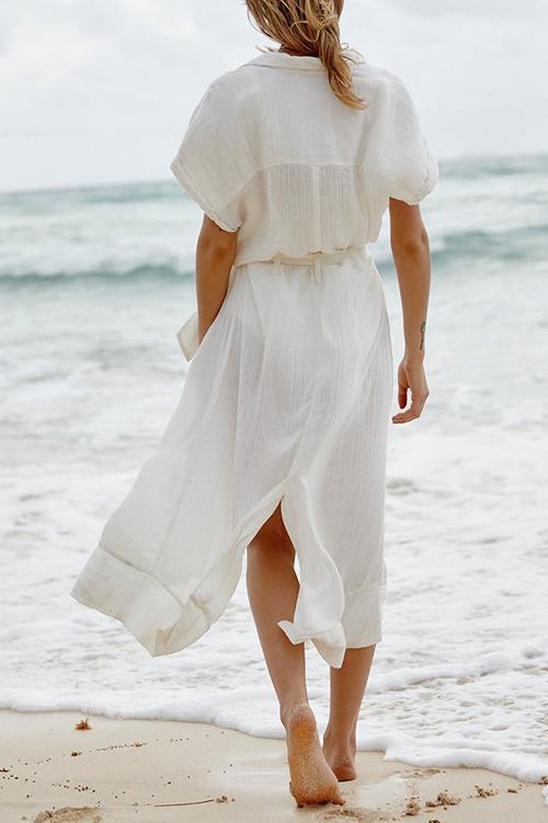 Button Belted Short Sleeve Cover Dress
