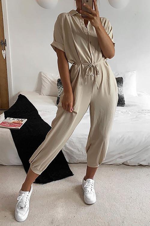Button Pockets Drawsting Jumpsuit