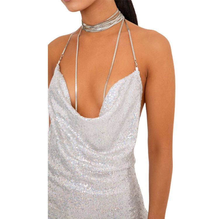 Sequin Cowl Neck Chain Halter Strap Backless Bodycon Mini Dress 2