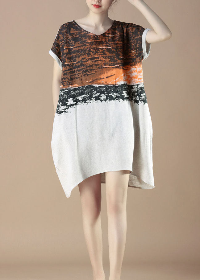 Colorblock Patchwork V-Neck Short Sleeve Asymmetric Hem Midi Dress