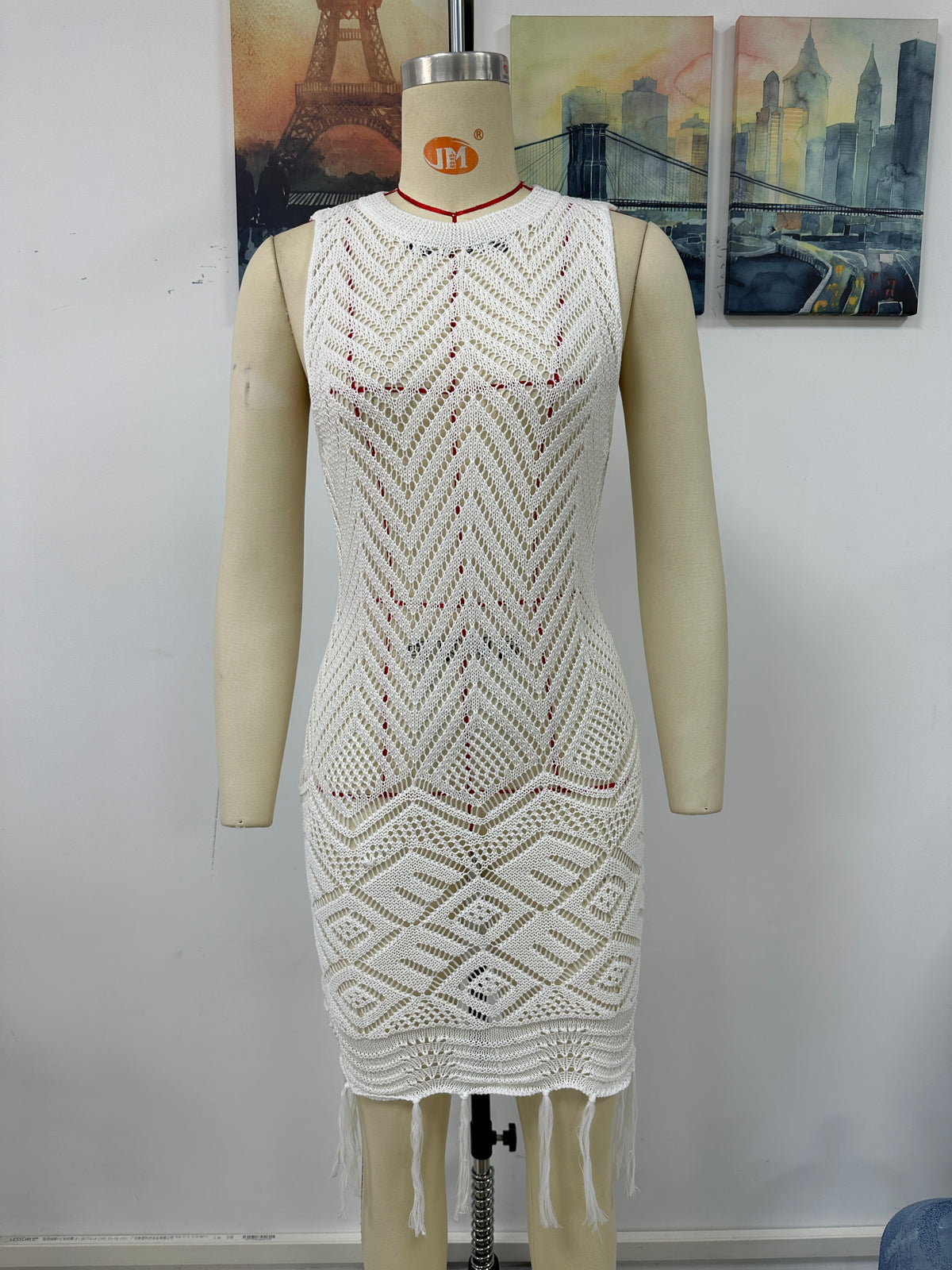Crochet Knit Sleeveless Hollow Out Fringe Hem Mini Beach Cover Up Dress 14