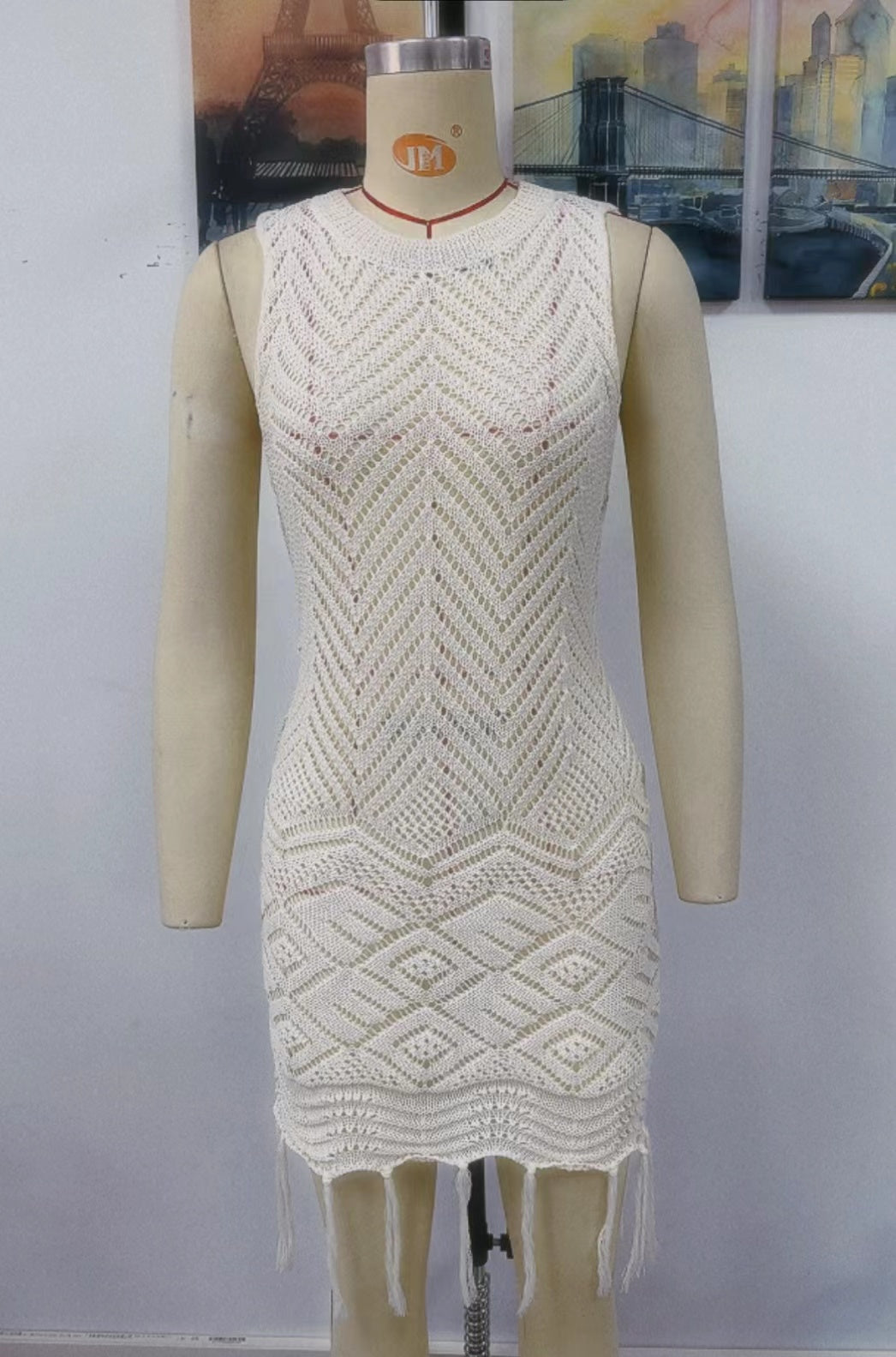 Crochet Knit Sleeveless Hollow Out Fringe Hem Mini Beach Cover Up Dress 15