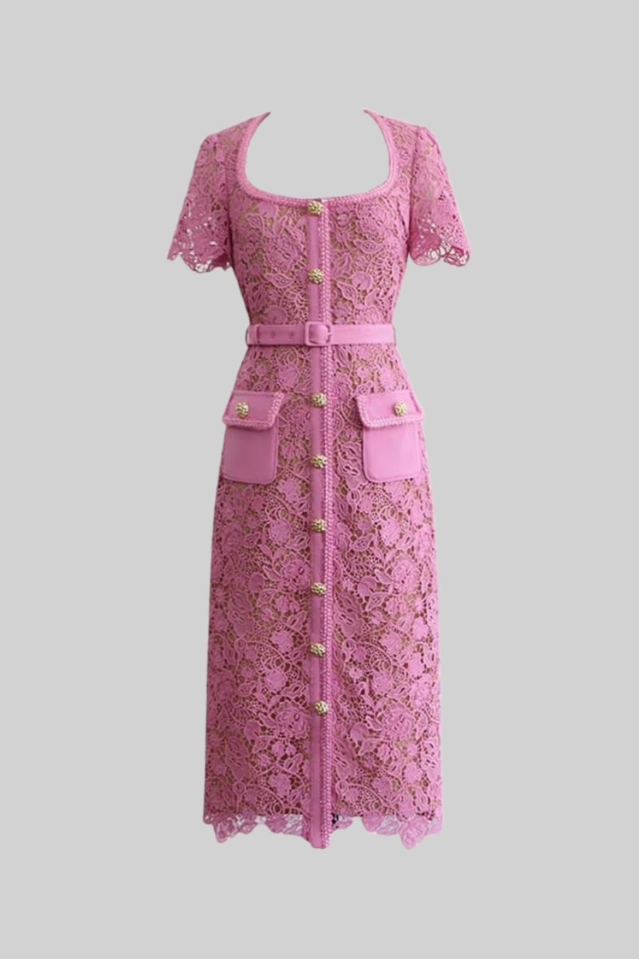 Lace Square Neck Short Sleeve Flap Pocket Jewel Button Belted Midi Dress