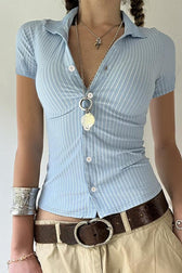 Striped Button Front Fitted T-Shirt