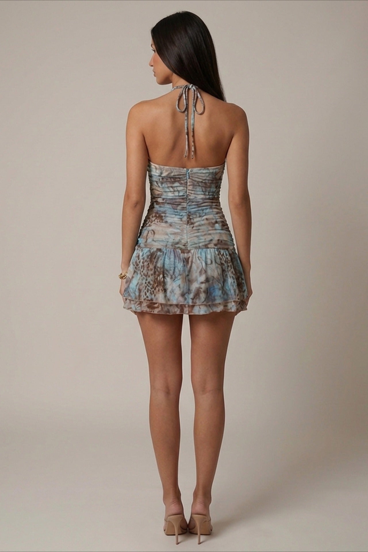 Halter Leopard Sequin Cutout Ruffle Mini Dress