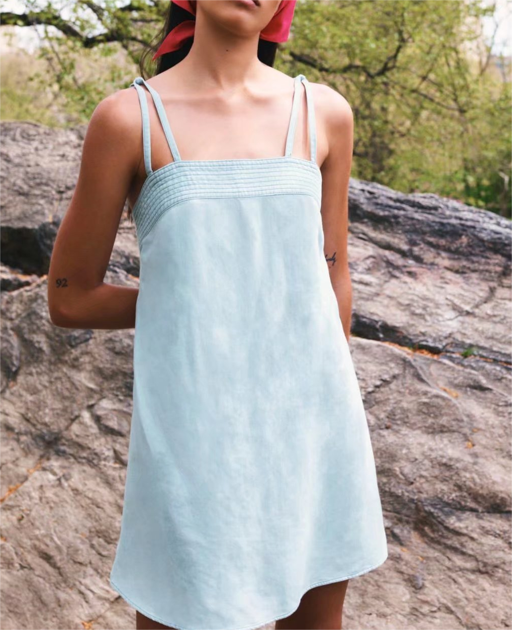 Linen-Look Square Neck Double Strap Stitched Trim Shift Mini Dress