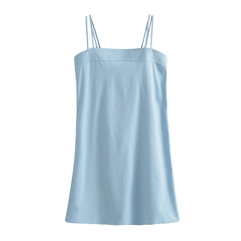 Linen-Look Square Neck Double Strap Stitched Trim Shift Mini Dress 2