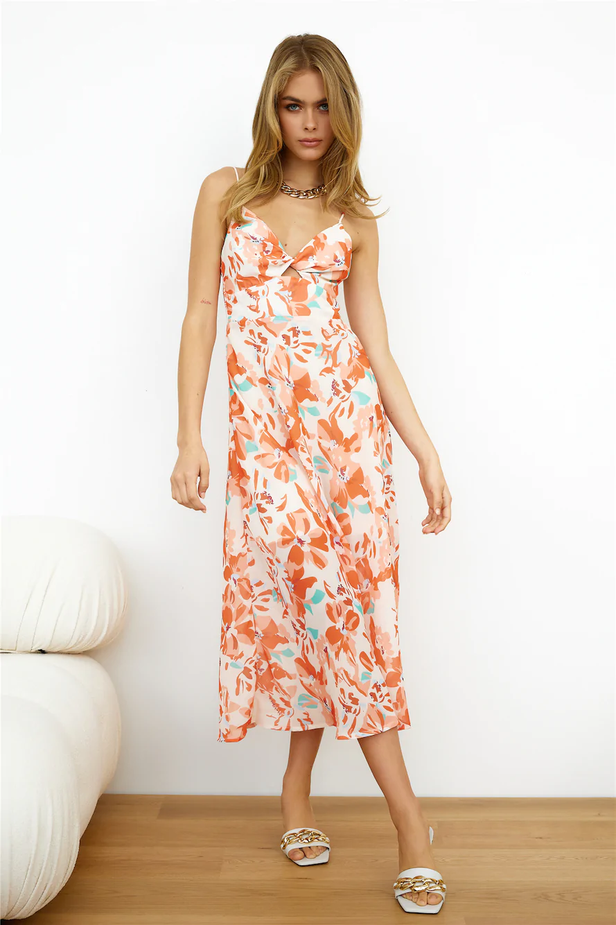 Floral Print Twist Front Spaghetti Strap A-Line Midi Dress 3