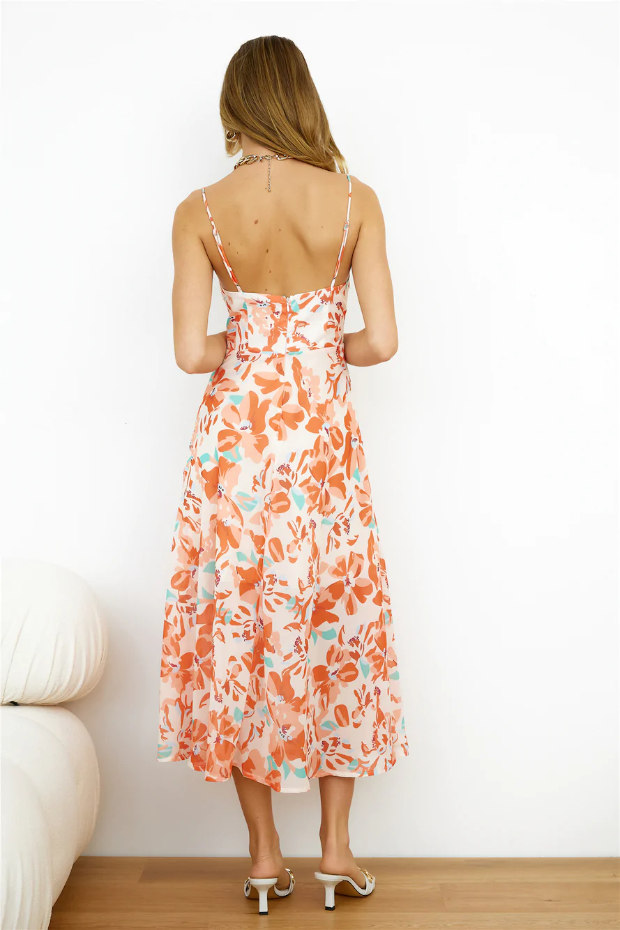 Floral Print Twist Front Spaghetti Strap A-Line Midi Dress 5